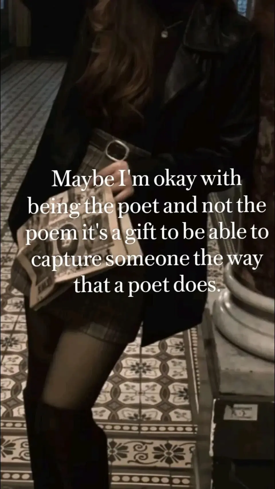 Poetcore born poet woman sitting bench her legs crossed wearing